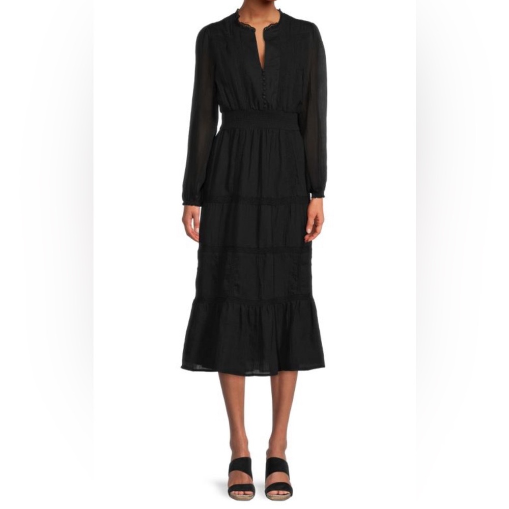 Lace Trim Tiered Midi Dress in Black